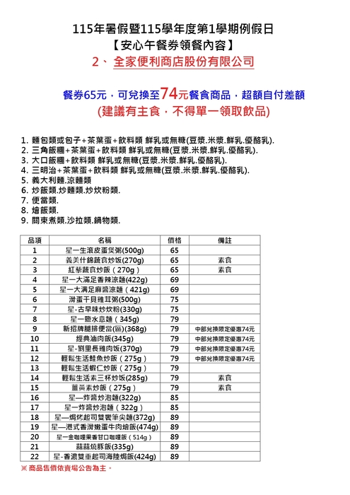 115年暑假暨115學年度第1學期例假日安心午餐券領餐內容