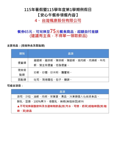 115年暑假暨115學年度第1學期例假日安心午餐券領餐內容