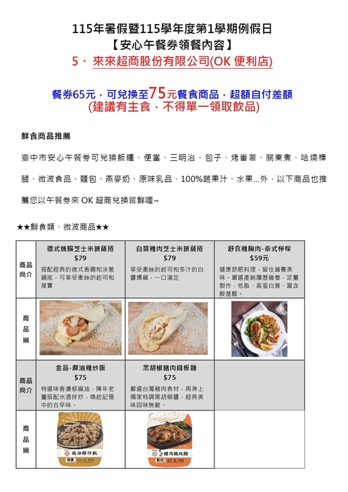 115年暑假暨115學年度第1學期例假日安心午餐券領餐內容